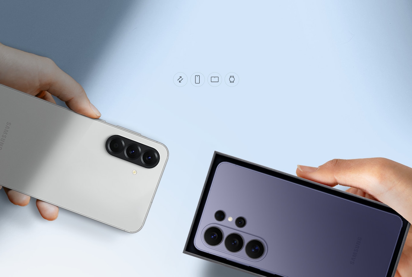 Bovenaan staan ​​icons voor Inruil, Smartphone, Tablet en Watch. Daaronder worden twee Galaxy S25 Ultra-toestellen getoond naast een S Pen, met nog een smartphone zichtbaar op de achtergrond.