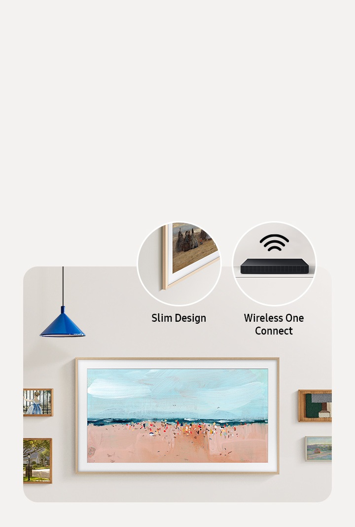 The Frame is aan de muur bevestigd en vormt een harmonieus geheel met de andere kleinere schilderijen. Close-ups van het slanke design en de Wireless One Connect.