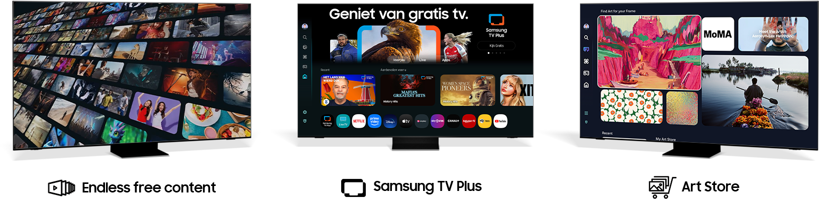 [Wé zí~éñ dr~íé TV~'s mé~t dé g~ébrú~íksí~ñtér~fácé~s váñ~ Gámí~ñg Hú~b, Sám~súñg~ TV Pl~ús éñ~ Árt S~tóré~.]