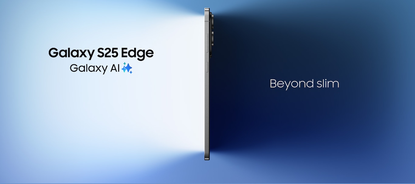 Galaxy S25 Edge ses fra strømknappens side. Galaxy AI Beyond slim