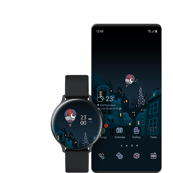 En GUI-skjerm som viser en Galaxy Watch og en Galaxy telefon med lignende temaer.