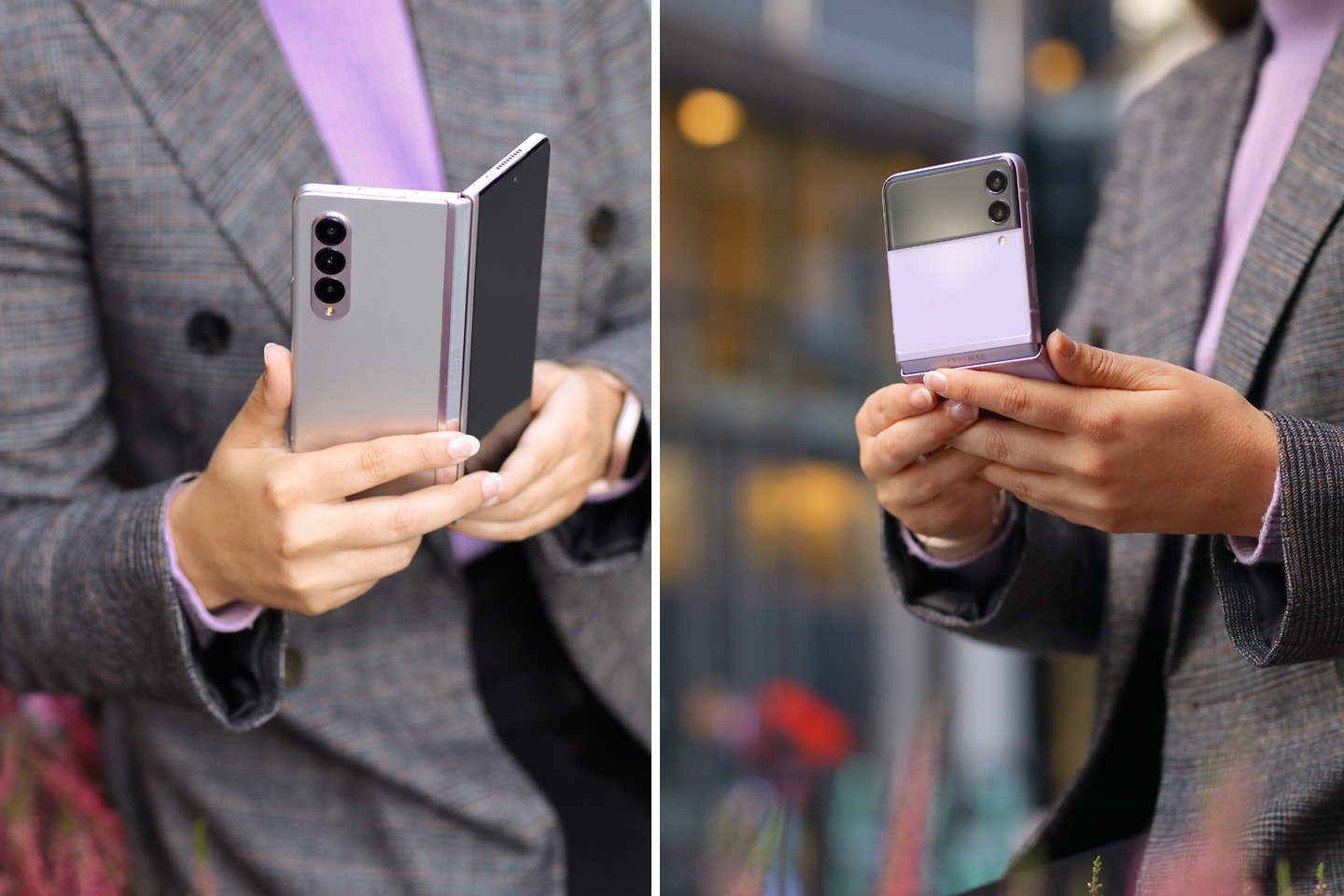 På bildet til venstre holder en kvinne en Galaxy Z Fold3 i hendene, og på bildet til høyre holder samme kvinne en Galaxy Z Flip3.