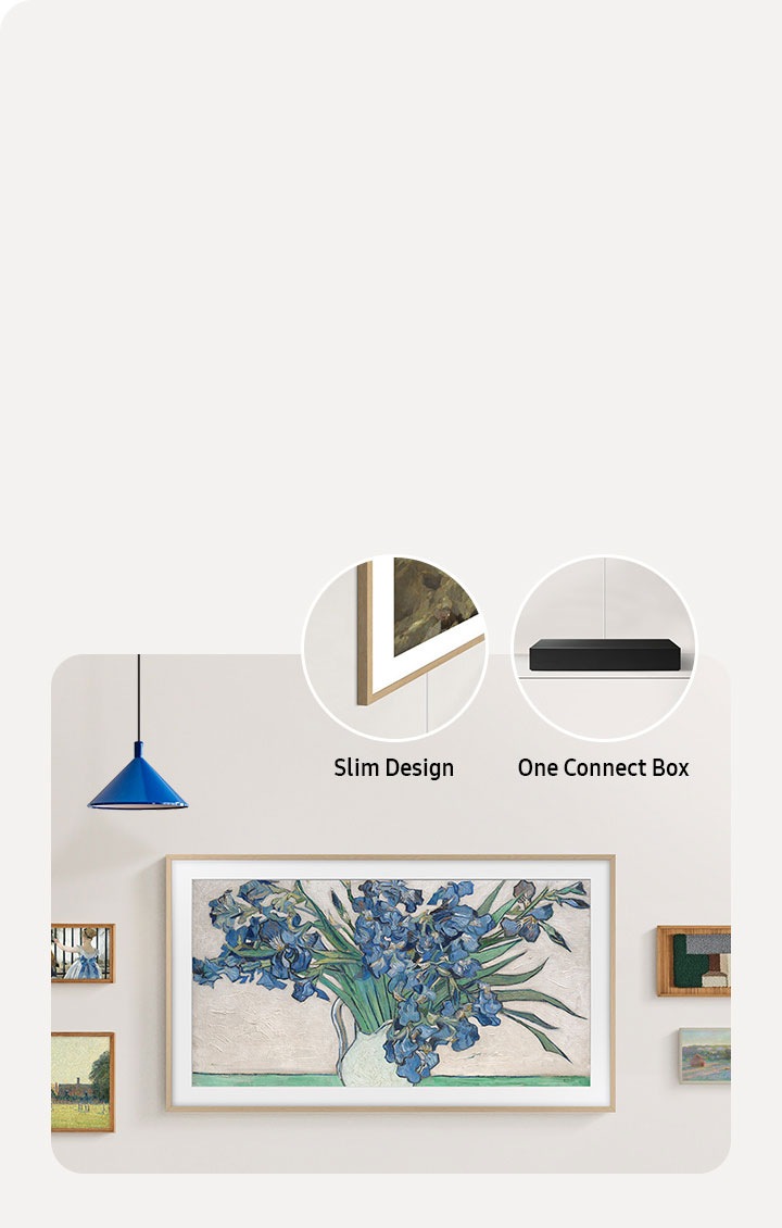 En veggmontert The Frame vises sammen med andre, mindre malerier. Nærbilder av Slim Design og One Connect Box. 