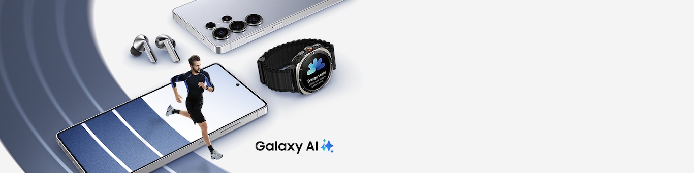 To Galaxy S25 Ultra-enheter. Den foran er vendt forover. Den bakre viser baksiden. Øverst til venstre er Galaxy Buds3 Pro-ørepropper. På motsatt side er Galaxy Watch Ultra med Energiscore på skjermen. I bakgrunnen er en bane som også vises foran på Galaxy S25 Ultra foran. En person i sportstøy løper langs banen. Galaxy AI og logo er nederst til høyre.
