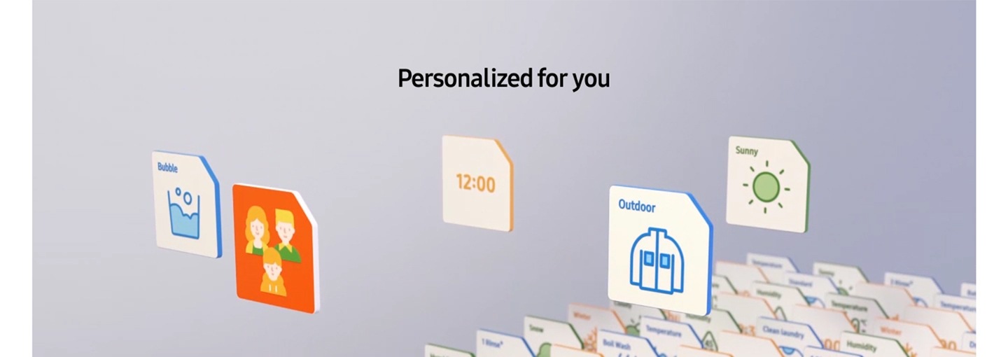 Det er ikoner for AI-funksjonen på Samsung vaskemaskin med tørketromler som kan spesialtilpasses for deg. Deretter vises ikonene på en smarttelefon, og spørsmålet \"Need a activewear cycle?\" dukker opp på smarttelefonen. En kvinne som holder smarttelefon ser på forslag til spesialtilpassede sykluser, Cloudy day, Activewear, SuperSpeed og Bedding, fra telefonen. Og hun velger \"Activewear\"-syklusen for vasking av klær. Deretter stiller Samsung vaskemaskin med tørketromler automatisk i gang syklusen som ble anbefalt fra gjeldende vaskesyklus.