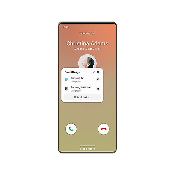 A Galaxy smartphone GUI shows an incoming call from Christina Adams along with the SmartThings pop-up that lets you mute the living room TV or all devices.