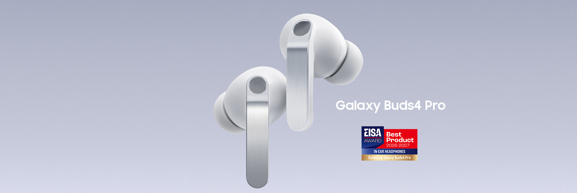 A pair of white Galaxy Buds4 Pro hover with the left earbud slightly lower than the right.