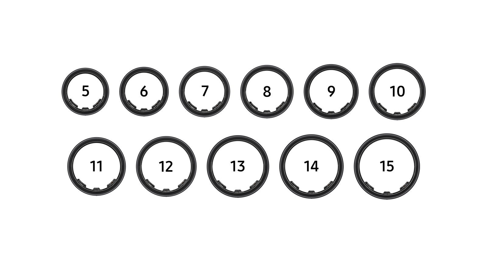 Galaxy Ring Sizing Kit sample rings are lined up in front view. All 11 sample rings have their respective size number, from 5 to 15, in the middle.
