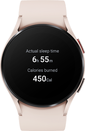 A Pink Gold Galaxy Watch5 Bluetooth is showing the sleep time and calories burned. Monitor your health with the 44mm smart Watch5 wearable.