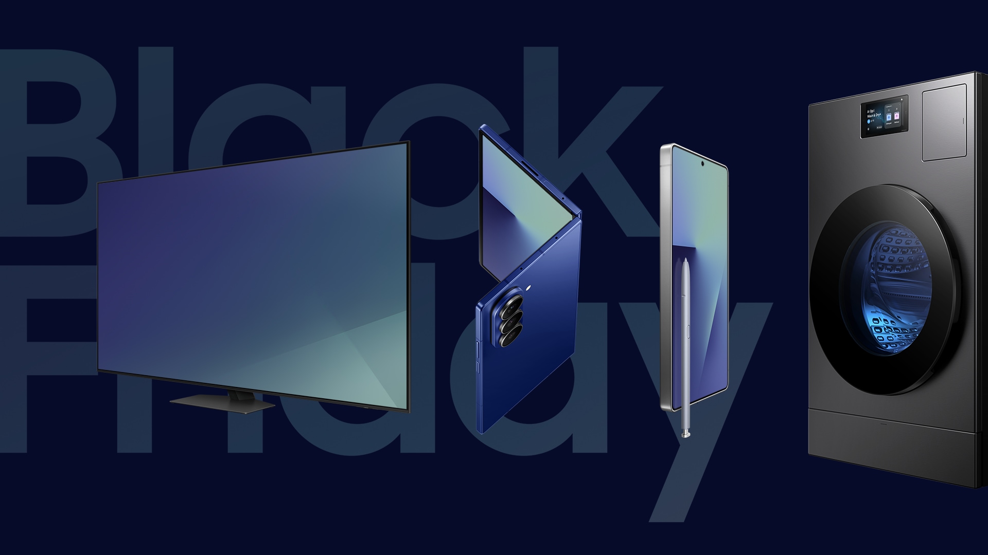 Galaxy Z Fold7 in Blue Shadow. A light illuminates the side to show the slim edges, then the phone turns on an angle and unfolds most of the way to show the expansive main screen. Galaxy AI