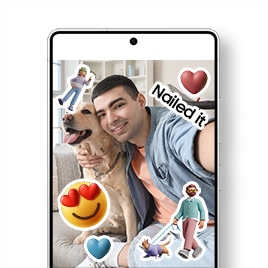 Centered is a Galaxy S25 Ultra showing a gallery app screen with a selfie of a man and his golden retriever inside a home. The photo is decorated with cute stickers including a young male character, a stylish male character walking a dog, pink and blue heart icons,and yellow face emoji with heart eyes, and a "Nailed it" text sticker.