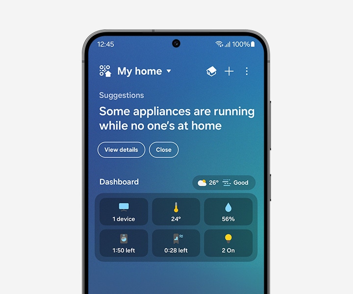 The Galaxy smartphone shows the SmartThings app Home Insight UI.