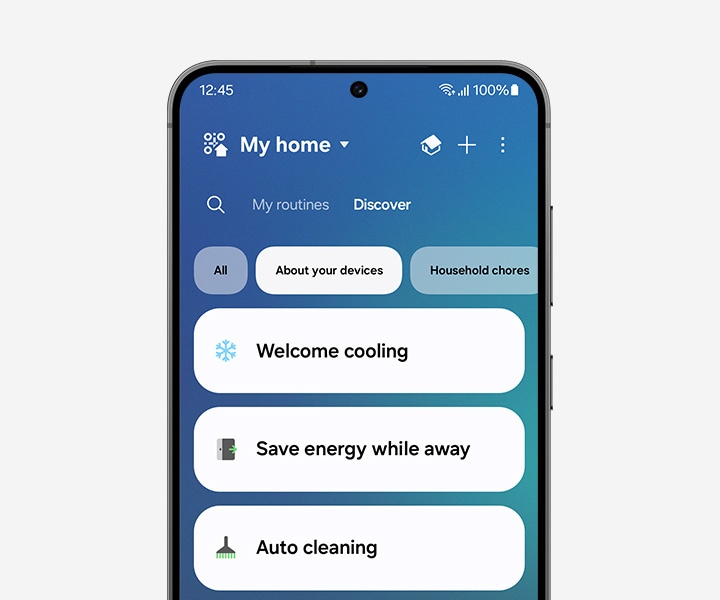 The Galaxy smartphone shows the SmartThings app routines UI.