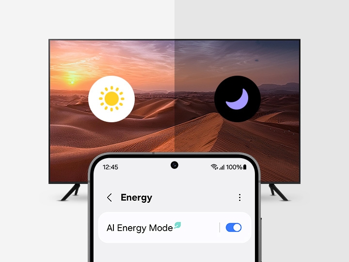 The Galaxy smartphone shows the SmartThings app AI energy mode UI.