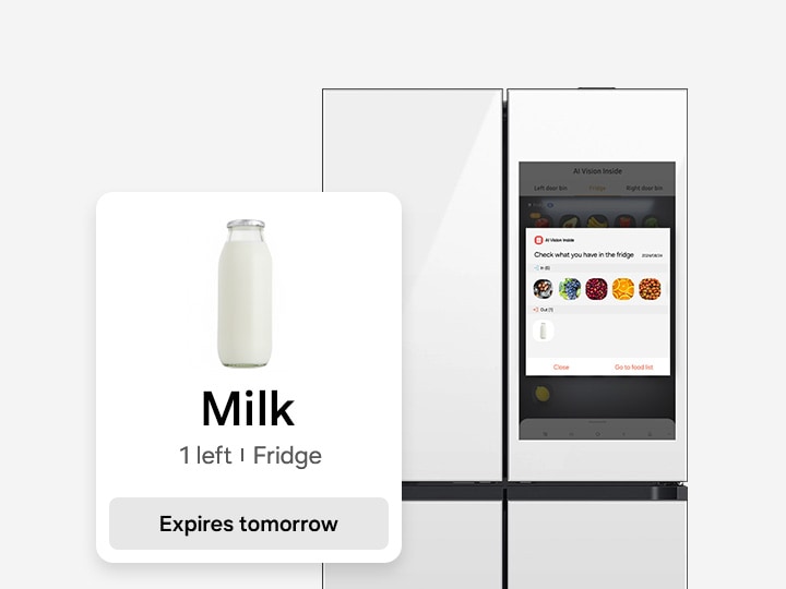 In front of a refrigerator, SmartThings app UI shown displaying quantity and expiration countdown for milk. The app’s UI is also visible inside the refrigerator.