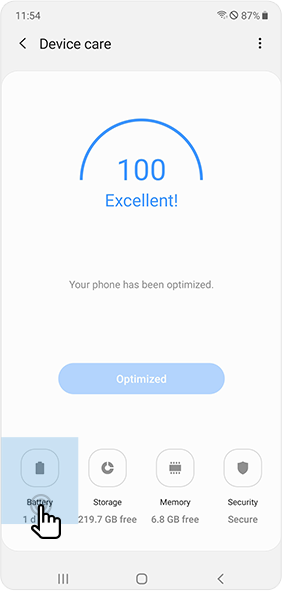 Select the Battery icon in the Device care menu
