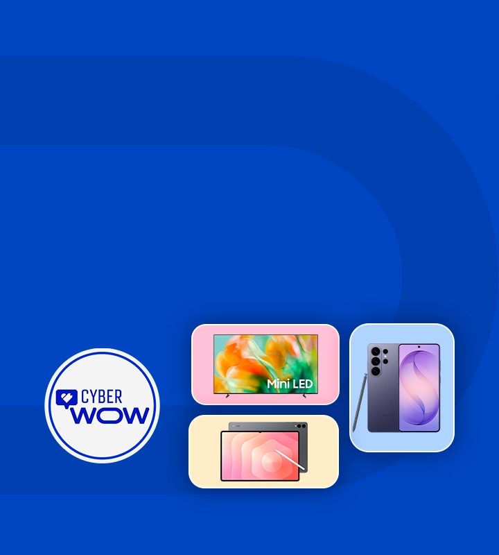 Una mujer sostiene un teléfono inteligente con un Galaxy Watch en la muñeca. También se pueden ver las características de “SmartThings”: Cuidado de tu mascota, Trabajo desde casa, Manténte en forma y saludable y Establece el estado de ánimo.