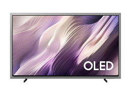 Un televisor Samsung OLED S95H muestra un paisaje abstracto blanco con un toque de color púrpura en la pantalla.