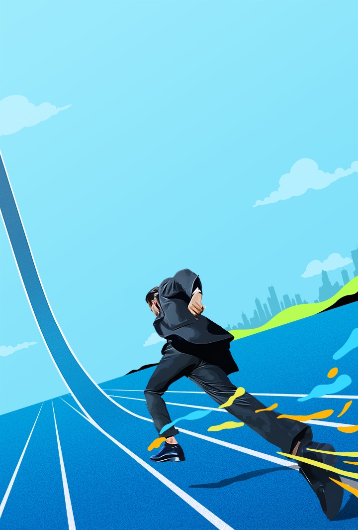 A businessman in a suit sprints powerfully on a track. The track he is running on is pointed high into the sky, symbolizing big business goals.
