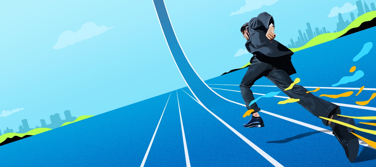 A businessman in a suit sprints powerfully on a track. The track he is running on is pointed high into the sky, symbolizing big business goals.