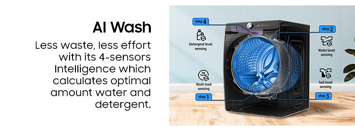 AI Wash. Less waste, less effort with its 4-sensor intelligence which calculate optimal amount of water and detergent.