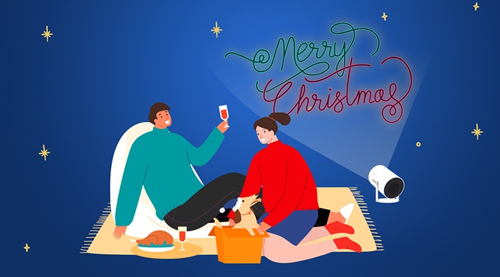 A couple sitting on a blanket with a brown dog with wine roasted chicken watching in the Samsung Freetstyle Merry Christamas