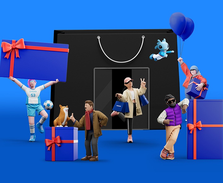 animated people and blue balloons with black paper bag, blue boxes gifts