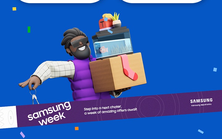 samsung week purple wrist band with animated man carrying gifts