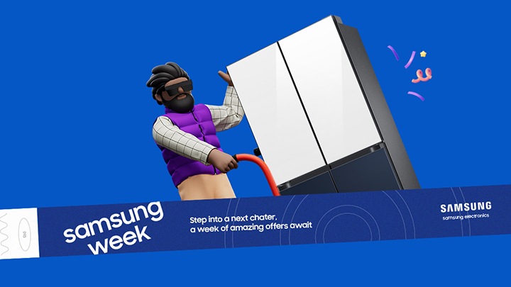 samsung week blue wrist band and man carrying a refrigerator and cart