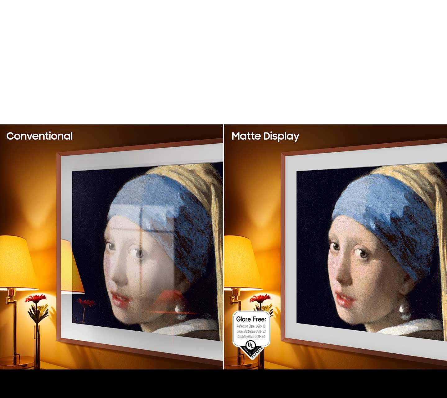 The same artwork is shown in both Conventional and Matte Display. The Conventional display has light reflections near a lamp while the Matte Display does not. The Glare Free logo that's been certified Reflection Glare UGR<10, Discomfort Glare UGR<22, Disability Glare UGR<34 are on display as well.