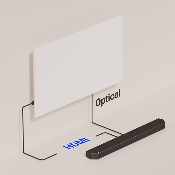 There is an illustration to demonstrate how a soundbar can be connected to a TV with cables. There are two lines connecting the two devices - one is HDMI and the other is optical. 
