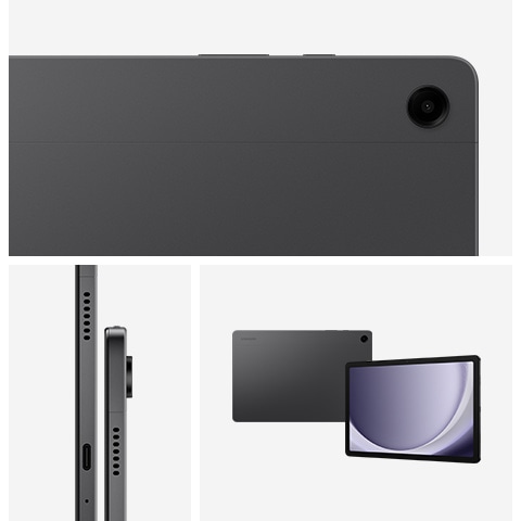 Close-up of the back of Galaxy Tab A9+ in Graphite, showcasing the rear camera system. Two Galaxy Tab A9+ devices in Graphite are lined up next to each other, seen from the side. Galaxy Tab A9+ in Graphite is facing forward with a purple wallpaper onscreen. Behind is another Galaxy Tab A9+ in Graphite with the back facing forward.