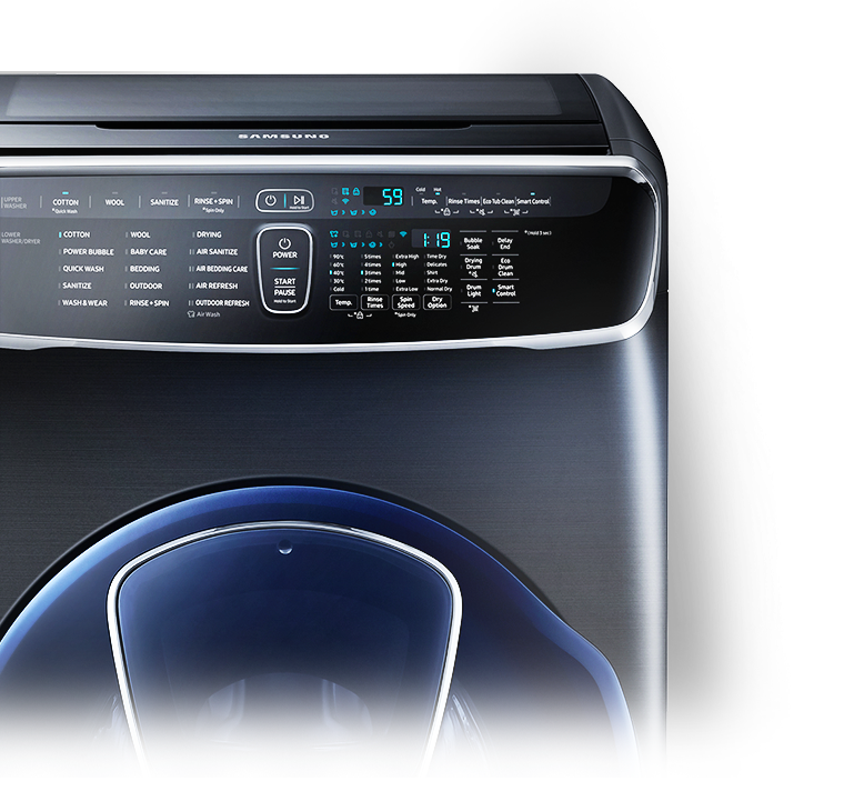 The Digital Inverter ten year guarantee emblem appears in front of an image of the FlexWash washing machine.