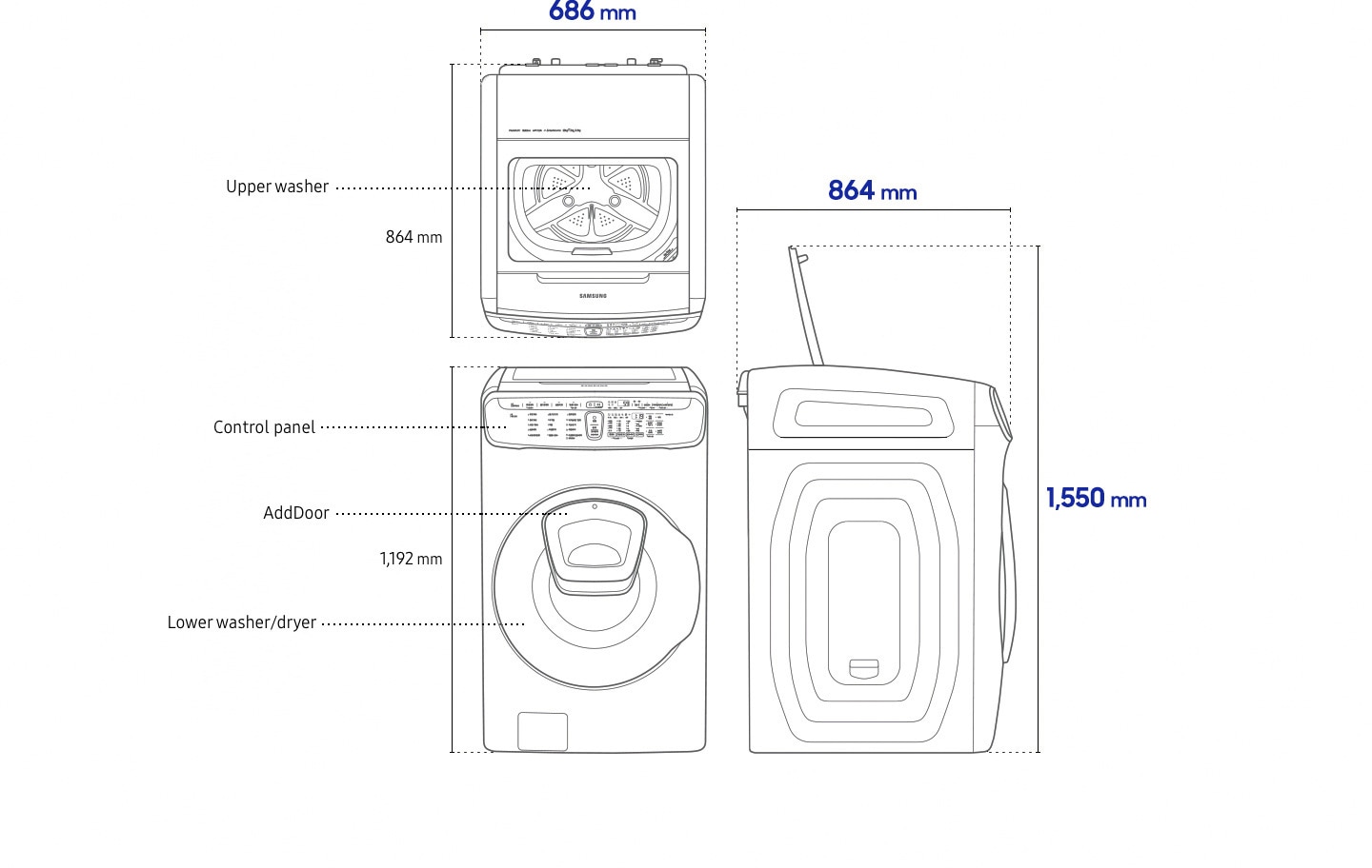 FlexWash front image The control panel is on the top and has the necessary operating functions for washing and drying.There is an additional door in the center of the lower washer dryer.