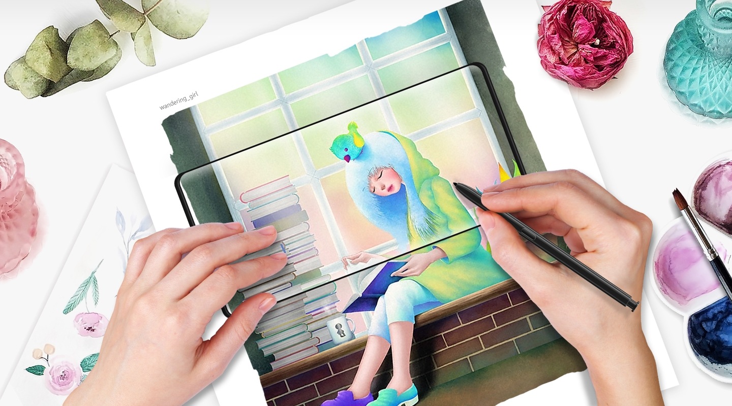 Smartphone displays art created by the artist wandering_girl. Artwork shows a girl sitting at a window reading a book. Hand holding a S Pen is shown drawing on the artwork.
