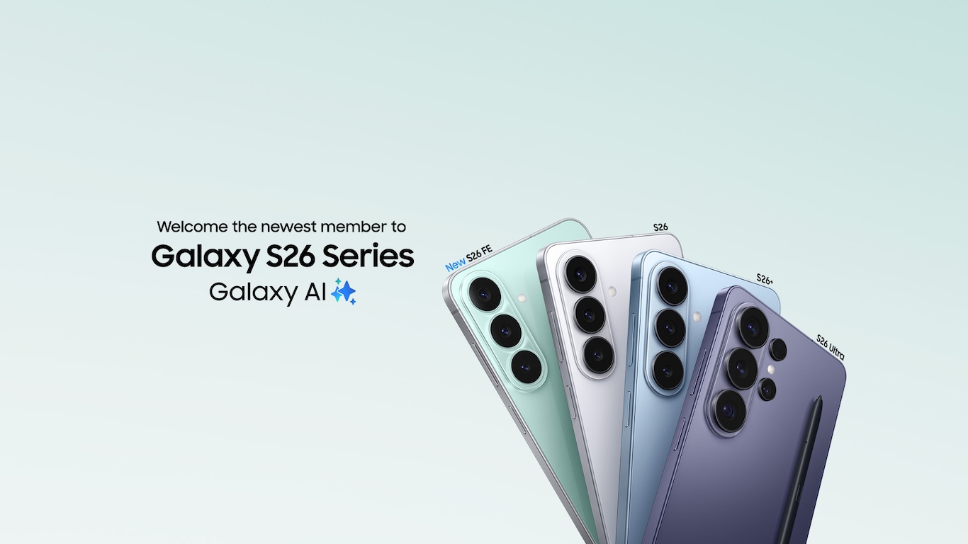 Rear view of four Galaxy S26 series devices in different colors, overlapping in an angled spread to the left, with a Cobalt Violet Galaxy S26 Ultra and S Pen in front.