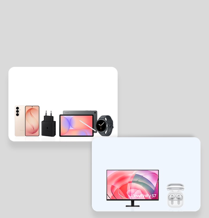 Two bundle boxes are displayed. Inside the left bundle box, Galaxy S26 Plus, The Movingstyle, and Bespoke Jet Stick are arranged side by side. Inside the right bundle box, Galaxy Tab S10 Lite, Bespoke Refrigerator, and Music Studio 5 are arranged side by side.