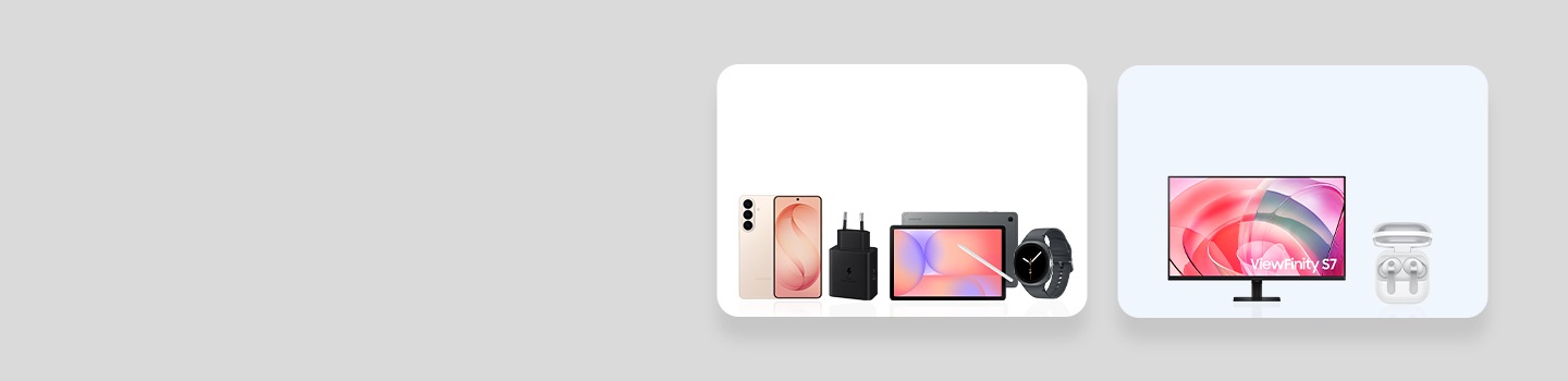 Two bundle boxes are displayed. Inside the left bundle box, Galaxy S26 Plus, The Movingstyle, and Bespoke Jet Stick are arranged side by side. Inside the right bundle box, Galaxy Tab S10 Lite, Bespoke Refrigerator, and Music Studio 5 are arranged side by side.