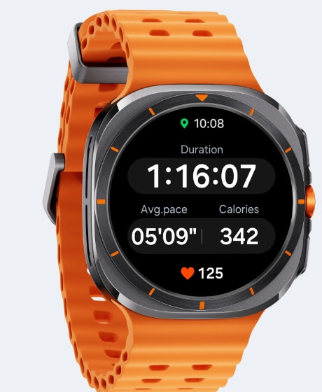 A Galaxy Watch Ultra displaying workout tracking screen with duration, average pace, burned calories and heart beat shown.