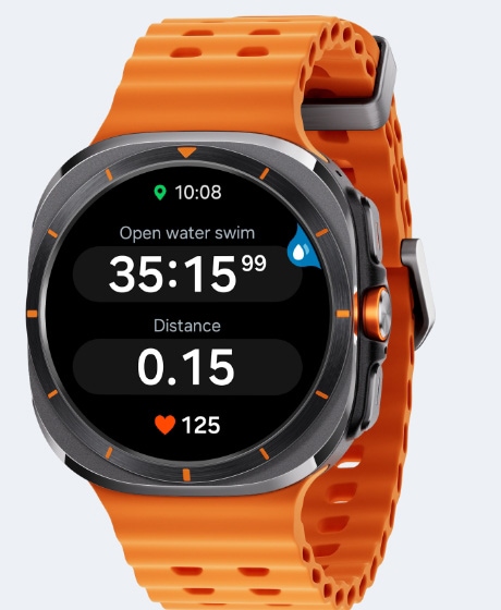 A Galaxy Watch Ultra displaying workout trackings for open water duration, distance and heart beat. In the top right corner is a Water Lock activated icon shown.