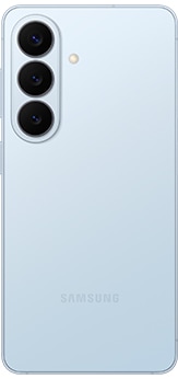 Galaxy S26 in Sky Blue seen from the rear.
