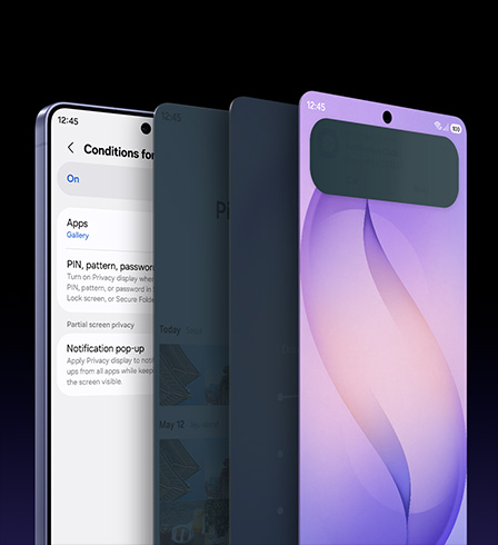 Galaxy S26 Ultra shown at an angle with layered screen views stacked in front, demonstrating Privacy Display customization options and how different parts of the screen can be hidden.