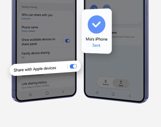 Two Galaxy S26 Series smartphones are seen from the screen. On one device, Share with Apple devices has been toggled on in Settings. On the other, content has been sent to an iPhone using Quick Share.