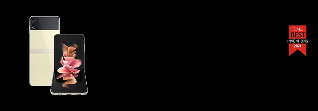 Two Galaxy Z Flip3 5G phones, one unfolded and seen from the rear, and one seen from the Main Screen in Flex mode with a colorful graphic wallpaper onscreen. TIME’S Best Inventions of 2021 logo.