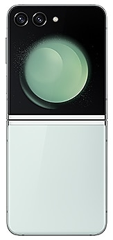Galaxy Z Flip5 in Mint seen from the rear.