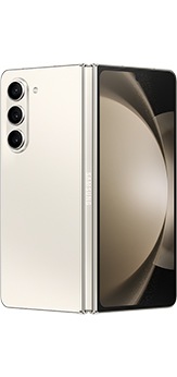 Galaxy Z Fold5 in Cream, partially unfolded and seen from the rear.