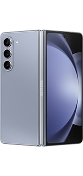 Galaxy Z Fold5 in Icy Blue, partially unfolded and seen from the rear.