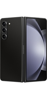 Galaxy Z Fold5 in Phantom Black, partially unfolded and seen from the rear.
