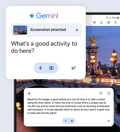 Google Gemini logo. Google Gemini has been asked a question with a screenshot attached. When asked, ‘What's a good activity to do here?’, Gemini provides an answer explaining the contents of the screenshot and recommends the best activity.