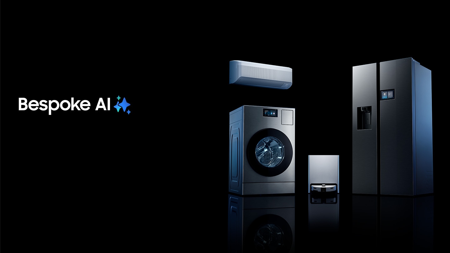 Samsung’s Bespoke AI product lineup shows: Bespoke AI Windfree, Bespoke AI Laundry, Bespoke Jet Bot Combo AI Robot Vacuum Cleaner and Bespoke AI Home Side-by-Side Refrigerator. Bespoke AI logo.